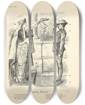 Triptych art skateboard deck of Sir John Tenniel Reporting Himself by Sir John Tenniel (1820-1914)