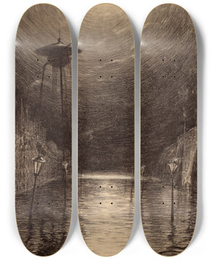 Triptych art skateboard deck of Henrique Alvim Corra Martian Machine Over The Thames by Henrique Alvim Correa (1876-1910)