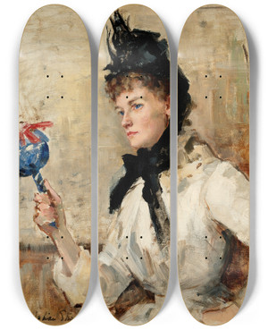 Triptych art skateboard deck of Sarah Henrietta Purser A Lady Holding A Rattle by Sarah Henrietta Purser (1848-1943)