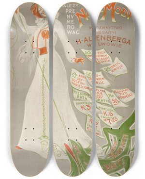 Triptych art skateboard deck of Stanisaw Dbicki Nowe Mody by Stanislaw Debicki (1866-1924)