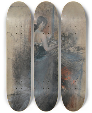 Triptych art skateboard deck of Giovanni Boldini By The Fireside by Giovanni Boldini (1842-1931)