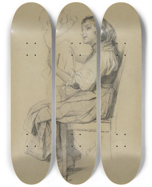 Triptych art skateboard deck of Johann Heinrich Hasselhorst Cicocara With Child by Johann Heinrich Hasselhorst (1825-1904)