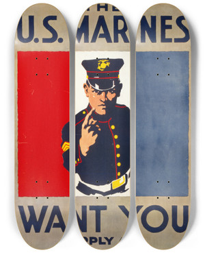 Triptych art skateboard deck of Charles Buckles Falls The Us Marines Want You by Charles Buckles Falls (1874-1974)