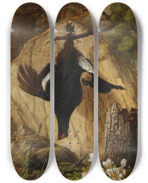 Triptych art skateboard deck of Pauline Halmflechner A Wood Grouse And Black Hellebore by Pauline Halm-Flechner (1842-1921)