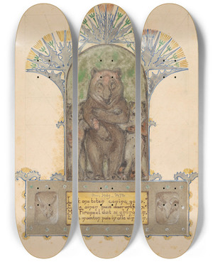 Triptych art skateboard deck of Bernard Willem Wierink Firapeel Gaat Met Bruin En Isegrim Naar De Koning by Bernard Willem Wierink (1856-1939)