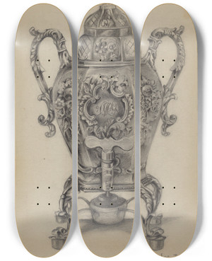 Triptych art skateboard deck of Nicholas Zupa Silver Hot Water Urn by Nicholas Zupa