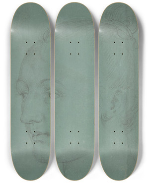 Triptych art skateboard deck of Albrecht Drer Head Of A Young Woman by Albrecht Durer (1471-1528)