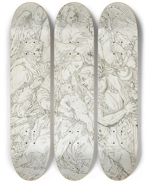 Triptych art skateboard deck of Pierre Puget The Holy Family With Angels And Two Figures by Pierre Puget (1620-1694)