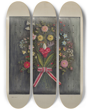 Triptych art skateboard deck of Genevieve Jordan Crewel Wreath_1 by Genevieve Jordan