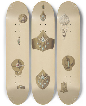 Triptych art skateboard deck of Martin Gerlach Ten Designs For Jewelry Including Gold Pointed Bracelet With Green Stones by Martin Gerlach (1846-1918)