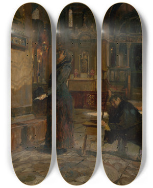 Triptych art skateboard deck of Dominik Skuteck Interior Scene by Dominik Skutecky (1849-1921)
