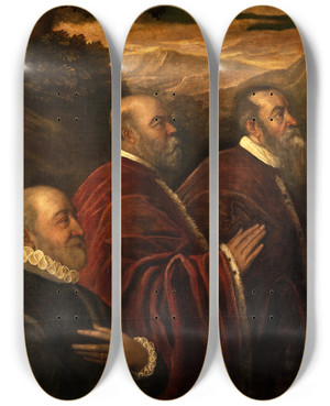 Triptych art skateboard deck of School Of Jacopo Tintoretto Three Venetian Counsellors by School Of Jacopo Tintoretto (1518-1594)