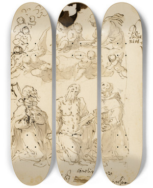 Triptych art skateboard deck of Jacopo Palma Il Giovane Skt Antonius Skt Hieronymus Og Skt Bernardin Med Jomfru Maria Og Jesusbarnet Omgivet Af Englebrn by Jacopo Palma Il Giovane (1548-1628)