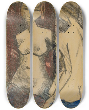 Triptych art skateboard deck of Otto Mueller Mdchenakt Vor Dem Spiegel by Otto Mueller (1874-1930)