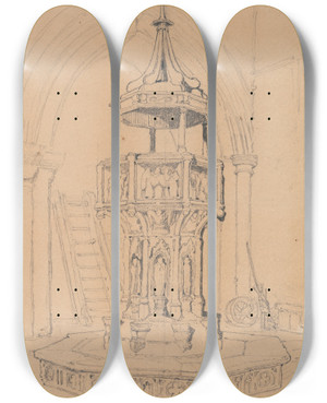 Triptych art skateboard deck of John Sell Cotman Font In Binham Church Norfolk by John Sell Cotman (1782-1842)