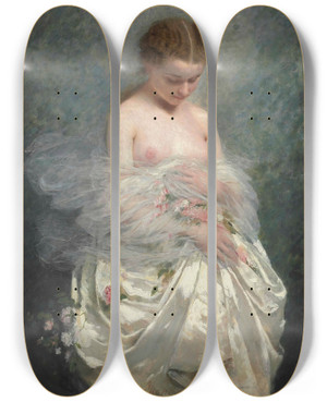 Triptych art skateboard deck of Charles Chaplin Jeune Fille Aux Seins Nus by Charles Chaplin (1825-1891)
