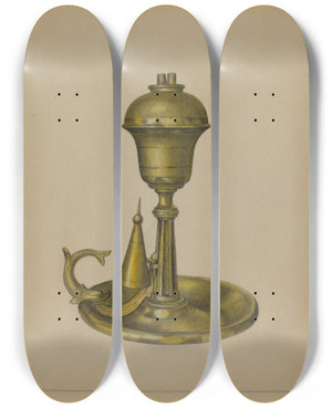 Triptych art skateboard deck of Janet Riza Sperm Oil Lamp by Janet Riza (20-)