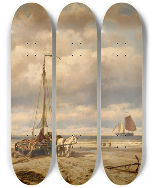 Triptych art skateboard deck of Johannes Hermanus Barend Koekkoek Unloading The Catch by Johannes Hermanus Barend Koekkoek (1840-1912)