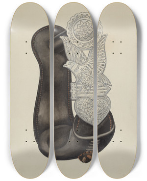 Triptych art skateboard deck of Harry Mann Waddell Stirrup_1 by Harry Mann Waddell (1876-1956)