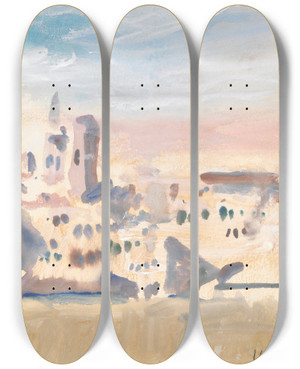 Triptych art skateboard deck of Hercules Brabazon Brabazon View Of A Town by Hercules Brabazon Brabazon (1821-1906)