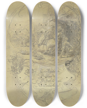 Triptych art skateboard deck of Anton Burger In Front Of The Blacksmiths by Anton Burger (1824-1905)