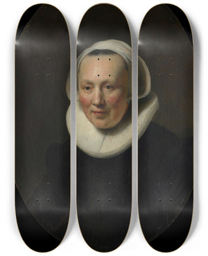 Triptych art skateboard deck of Rembrandt Van Rijn Portrait Of A Woman_1 by Rembrandt Van Rijn (1606-1669)