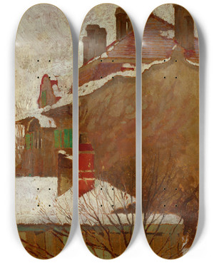 Triptych art skateboard deck of Egon Schiele Huser Im Winter Blick Aus Dem Atelier by Egon Schiele (1890-1918)