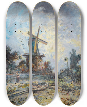 Triptych art skateboard deck of Johan Barthold Jongkind Windmill In Dordrecht by Johan Barthold Jongkind (1819-1891)