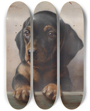 Triptych art skateboard deck of Carl Reichert Young Dachshund by Carl Reichert (1836-1918)