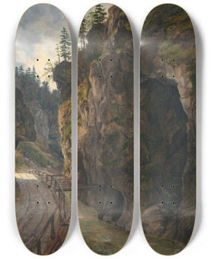 Triptych art skateboard deck of Ludwig Halauska Felsenschlucht by Ludwig Halauska (1827-1882)