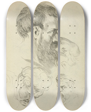 Triptych art skateboard deck of Peter Paul Rubens Three Studies Of Mens Heads by Peter Paul Rubens (1577-1640)