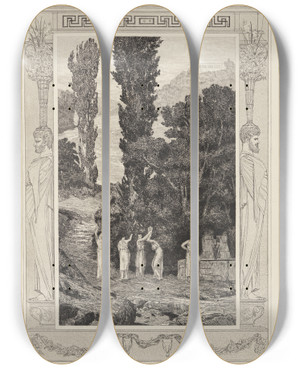 Triptych art skateboard deck of Max Klinger Psyche Wandernd Amor Und Psyche Opus V Blatt 28 by Max Klinger (1857-1920)