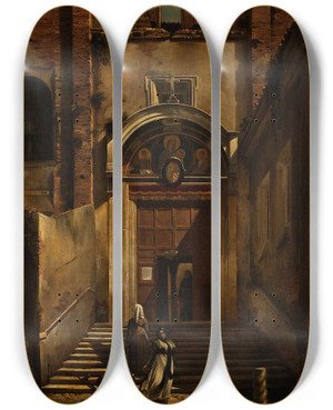 Triptych art skateboard deck of Francesco Diofebi The Side Steps From The Capitol To The Church Of S Maria In Aracoeli Rome by Francesco Diofebi (1781-1851)
