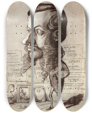 Triptych art skateboard deck of Claude Monet Caricature Of Lon Manchon by Claude Monet (1840-1926)