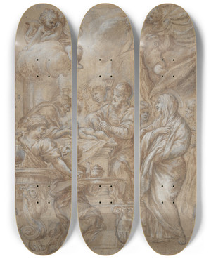 Triptych art skateboard deck of Ciro Ferri The Circumcision Study For An Engraving by Ciro Ferri (1634-1689)