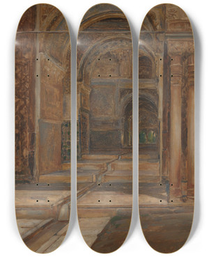 Triptych art skateboard deck of Emile Vloors The Alhambra In Granada by Emile Vloors (1871-1952)