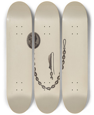 Triptych art skateboard deck of Dana Bartlett Medallion And Chain by Dana Bartlett