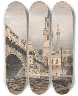 Triptych art skateboard deck of Edward William Cooke Part Of Old London Bridge St Magnus And The Monument by Edward William Cooke (1811-1880)