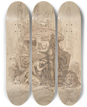 Triptych art skateboard deck of Workshop Of Ennemond Alexandre Petitot Landscape With A Memorial Scene by Workshop Of Ennemond Alexandre Petitot (1727-1801)