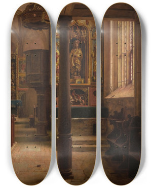 Triptych art skateboard deck of Aleksander Gierymski Interior Of St Wolfgangs Church In Rothenburg by Aleksander Gierymski (1850-1901)