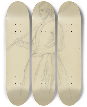Triptych art skateboard deck of Jakob Becker Bauernmdchen Mit Geschultertem Rechen by Jakob Becker (1810-1872)