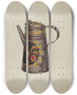 Triptych art skateboard deck of Edward L Loper Toleware Coffee Pot by Edward L Loper (1916-2011)