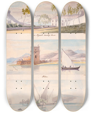 Triptych art skateboard deck of Charles Hamilton Smith Three Images Don Miguels Country House Belem On The Tagus Towards Belem by Charles Hamilton Smith (1776-1859)