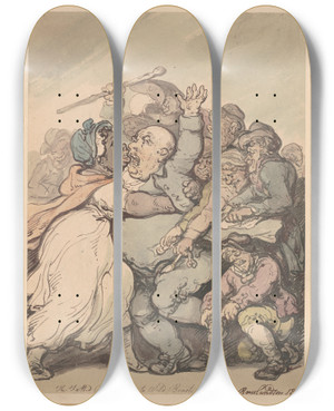 Triptych art skateboard deck of Thomas Rowlandson The Fatted Calf A Prey To Wild Beasts by Thomas Rowlandson (1756-1827)
