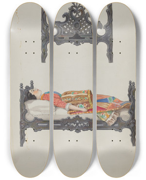 Triptych art skateboard deck of Dana Bartlett Doll Bed by Dana Bartlett