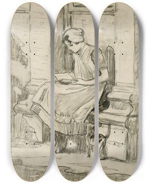 Triptych art skateboard deck of Nicolaas Van Der Waay Weesmeisje Lezend In Een Kerkbank by Nicolaas van der Waay (1855-1936)