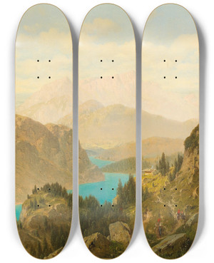 Triptych art skateboard deck of Josef Von Schlgl View Of The Knigssee And The Untersberg by Josef Von Schlogl (1851-1918)