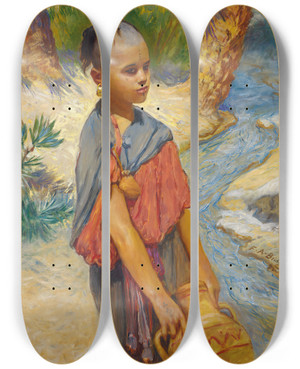 Triptych art skateboard deck of Frederick Arthur Bridgman A Young Girl By A River by Frederick Arthur Bridgman (1847-1928)