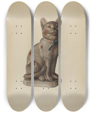 Triptych art skateboard deck of Mina Lowry Pa German Chalkware Cat With Mouse by Mina Lowry (1894-1942)
