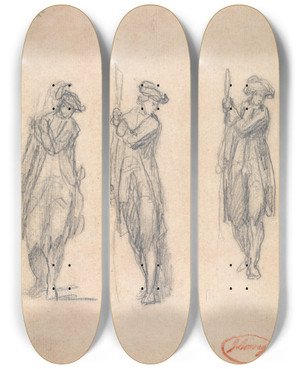 Triptych art skateboard deck of George Romney Three Sketches Of A Man In Uniform by George Romney (1734-1802)